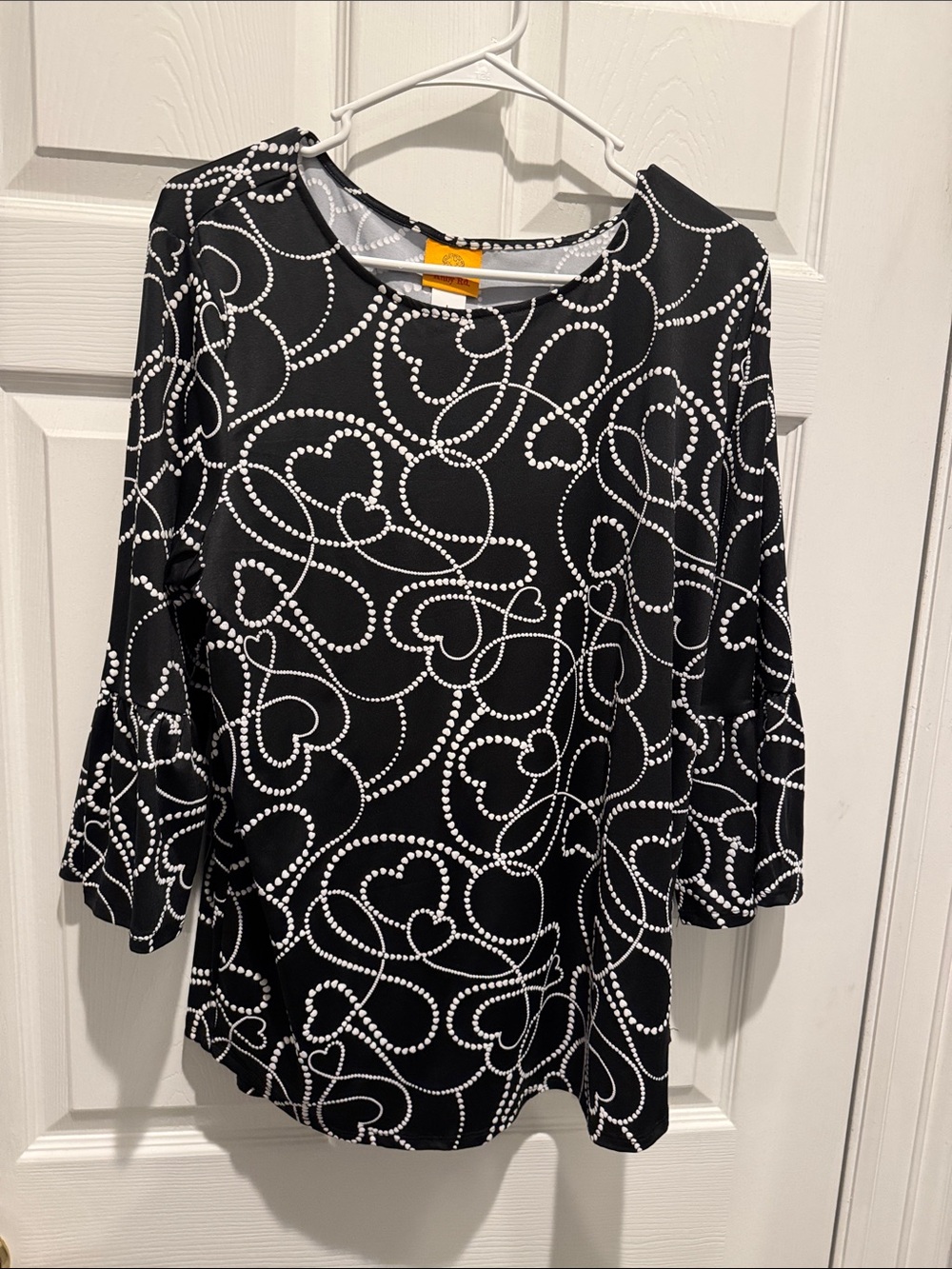Ruby Rd. Black Long Sleeve Top with White Heart Dot Pattern